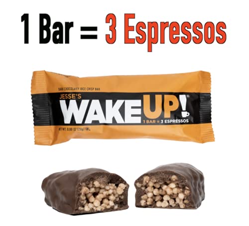 WAKE UP (1 Bar = 3 ESPRESSOS): Vegan, Gluten Free Energy Bar, 250mg Caffeine (Plant-Based), 110 Calories, Kosher Ingredients, Non GMO, Low Sugar, Dairy Free, Egg Free, Soy Free, Dark Chocolate Flavor Rice Crisp Bar to Boost Brain Focus, Clarity, Hours of