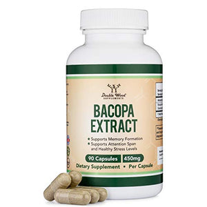 Bacopa Monnieri Capsules – 450mg, 90 Count (Made in USA) Non-GMO, Gluten Free, Concentrated 20% Bacosides Brahmi Extract by Double Wood Supplements