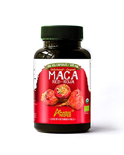 Amazon Andes - Gelatinized Red maca Root Capsules - 100 * 500 mg - Vegan Pills - Organic USDA Supplement - Non GMO