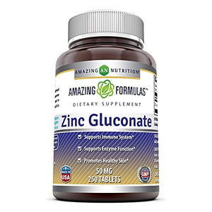 Amazing Formulas Zinc Gluconate 50mg Tablets (Non-GMO, Gluten Free) - Supports Immune System - Supports Enzymes Function - Promotes Healthy Skin (250 Count (Pack of 1))