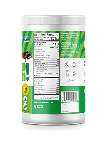 Manitoba Harvest Organic Hemp Pro Fiber Protein Powder, Chocolate, 16oz; with 10g of Fiber & 8g Protein per Serving, Preservative-Free