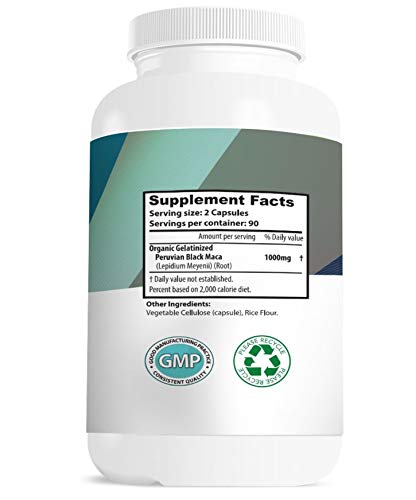 Black MACA 1000mg per serving all natural formula made with Organic Gelatinized Black Maca root powder Sourced from Peru Energy Booster Supports Reproductive Health 180 Veggie caps Made in USA