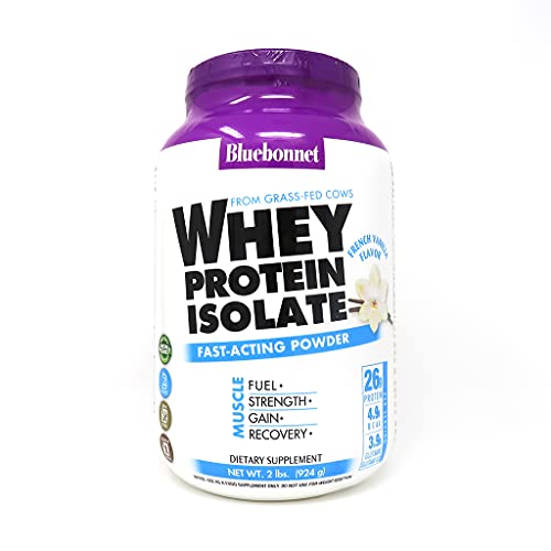 BlueBonnet Nutrition Whey Protein Isolate Powder From Grass Fed Cows, 26g of Protein, No Sugar Added, Non GMO, Gluten & Soy free, kosher Dairy, 2 Lbs, 28 Servings, French Vanilla Flavor