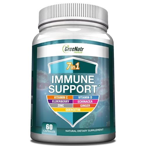 7 in 1 Immune Support Supplement with Vitamin C, Vitamin D3, Zinc 50mg, Quercetin, Echinacea Purpurea, Sambucus Elderberry and Ginger for Complete Immune Defense - Immunity Vitamins -60 Capsules