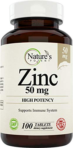 Zinc 50mg [High Potency] Supplement - Immune Support System from Natural Zinc (Oxide/Citrate) 100 Tablets, Made by Nature’s Potent.