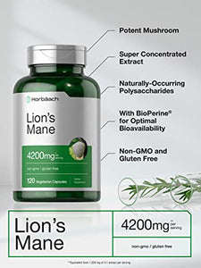 Lions Mane Mushroom Extract | 4200mg | 120 Capsules | Vegetarian, Non-GMO, Gluten Free Supplement | by Horbaach