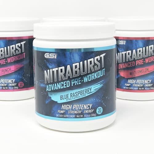 Giant Sports International NITRABURST Pre Workout Powder, Increase Blood Flow, Boosts Strength and Energy, Improve Exercise Performance, Creatine Free (Blue Raspberry, 30 Servings)