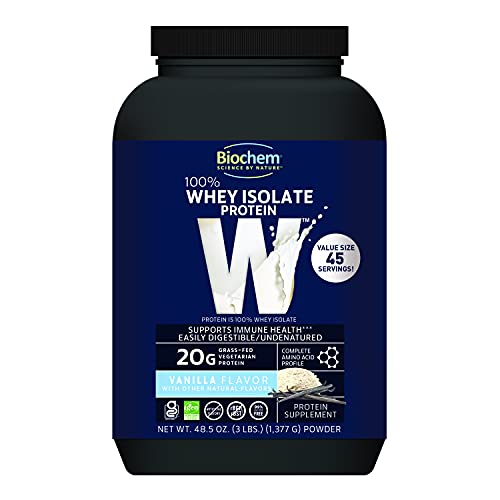 Biochem 100% Whey Isolate Protein - Vanilla Flavor – 48.5 oz. - Pre & Post Workout - 20g of Vegetarian Protein - Easily Digestible - Easy to Mix – 45 Servings