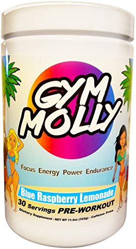 Gym Molly Caffeine Free Pre Workout Powder Energy Drink Supplement | BCAAs | 0 Carbs | for Men & Women, Blue Raspberry Lemonade (30 Servings, 11.4 oz)