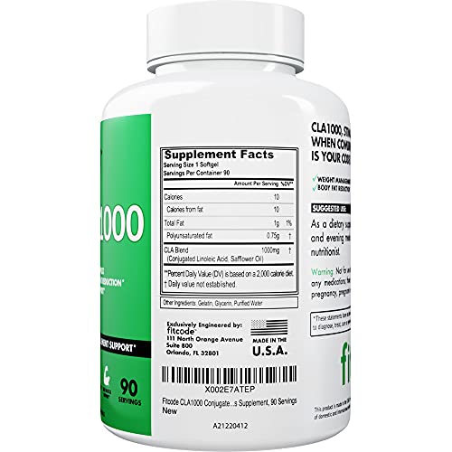 Fitcode CLA1000 Conjugated Linoleic Acid, Soft Gel, Stimulant Free Weight Loss Supplement (90 Servings)