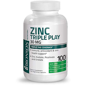 Bronson Zinc Triple Play 30 mg Triple Coverage Immune Support Zinc Supplement with Zinc Acetate, Picolinate & Orotate - Immune, Antioxidant & Skin Health Support - 100 Vegetarian Capsules