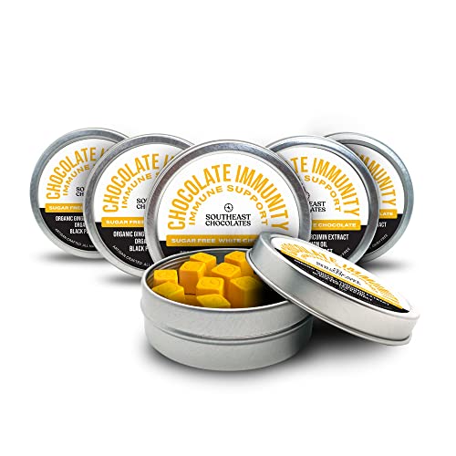 Southeast Chocolates Immunity Bites – Sugar-Free White Chocolate Bites with Organic Ginger, Curcumin Extract and Organic Lemon Oil to Support the Immune System – Vegan, Dairy and Soy Free, All Natural (Small Tin 6 Pack/9 Bites ea.)