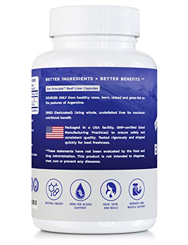 Ultra-Pure Desiccated Beef Liver, Grass-Fed, Pasture-Raised Cows. No Hormones or GMO. Natural Energy and Workout Boost from Iron, Amino Acids, Protein and Vitamins. 120 Capsules 750 Mg.