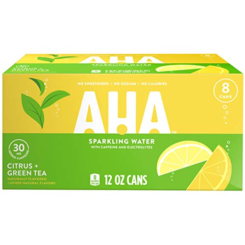 AHA Sparkling Water, Citrus + Green Tea Flavored Water, with Caffeine & Electrolytes, Zero Calories, Sodium Free, No Sweeteners, 12 fl oz, 8 Pack