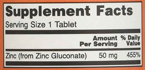 Now Foods Supplements, Zinc (Zinc Gluconate) 50 mg, Supports Enzyme Functions, Immune Support, 100 Tablets, Yellow/Gold