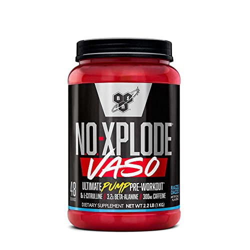 BSN N.O.-XPLODE Vaso Pre Workout Powder with Creatine, Beta-Alanine, and Energy, Flavor: Razzle Dazzle, 48 Servings