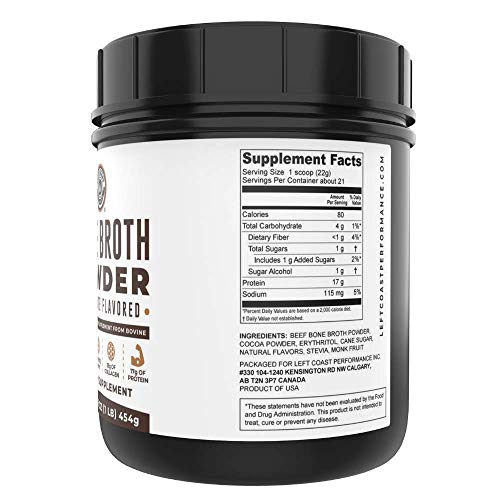 Bone Broth Protein Powder Chocolate 1 lb, Grass Fed, Non-GMO Ingredients, Gut-Friendly*, Dairy Free Protein Powder, Left Coast Performance…