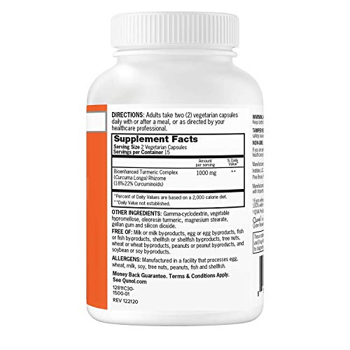 Turmeric Curcumin Capsules, 40x Better Absorption, Qunol 1000mg Extra Strength Supplement, Patented Hydro-Soluble Technology, Alternative to Turmeric Curcumin with Black Pepper, 30 Veggie Capsules