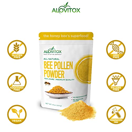 Alovitox Bee Pollen Powder | 100% Pure, Fresh Natural Raw Bee Pollen | Superfood Packed with Antioxidant, Protein, Vitamins B6, B12, C, A& More | Bee Friendly, Gluten Free 16 Oz