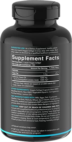 Vegan CLA 1250 - 180 Veggie Softgels | Non-Stimulating Conjugated Linoleic Acid (CLA) supporting Healthy Weight Management | Gluten Free, Non-GMO Verified