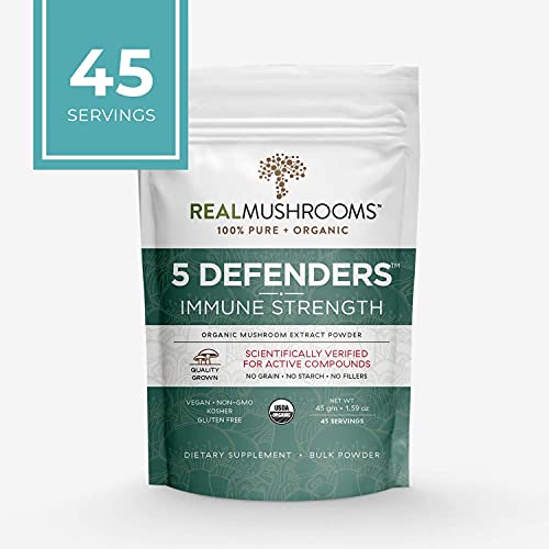 Real Mushrooms 5 Defenders Mushroom Extract Powder for Immune Support (45 Day Supply) Better Overall Wellbeing with Organic and Vegan Chaga, Shiitake, Maitake, Turkey Tail, Reishi Mushroom