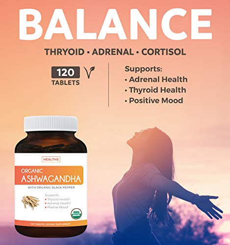 USDA Organic Ashwagandha (120 Tablets & Vegetarian) 1350mg Per Serve with Black Pepper - Natural Adrenal Support, Cortisol & Thyroid Support, Immune Support - No Pills or Capsules