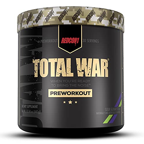 Redcon1 Total War Preworkout Powder - 30 Servings, Boost Energy, Increase Endurance and Focus, Beta-Alanine, 350mg Caffeine, Citrulline Malate, Nitric Oxide Booster - Keto Friendly (Sour Gummy Bear)