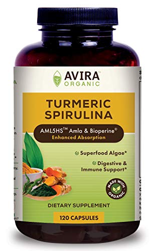 Avira Organic Turmeric Spirulina, Super Fusion with Amla, Curcumin & Bioperine, Superfood Algae Grown in Pristine Environment, Support Immune & Digestive Function, Yellow, 120 Count