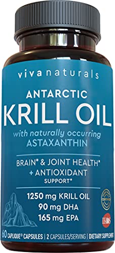 Krill Oil Supplement - Antarctic Krill Oil 1250 mg, Crill Oil Omega 3 with Astaxanthin, DHA Supplements for Joint and Brain Health, No Fishy Taste & Easy to Swallow, 60 Capsules.