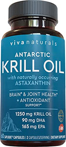 Krill Oil Supplement - Antarctic Krill Oil 1250 mg, Crill Oil Omega 3 with Astaxanthin, DHA Supplements for Joint and Brain Health, No Fishy Taste & Easy to Swallow, 60 Capsules.