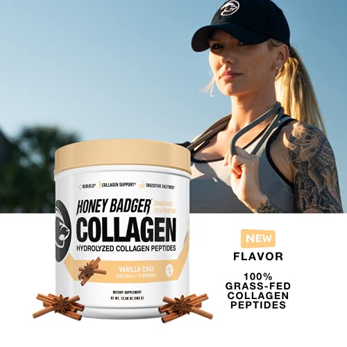 Honey Badger Collagen Peptides Powder | Keto Vanilla Chai Grass Fed Hydrolyzed Collagen Protein Coffee Creamer | Gluten Free, Natural, Non-GMO, Paleo | Skin, Hair, Nail, and Joint Health, 30 Servings