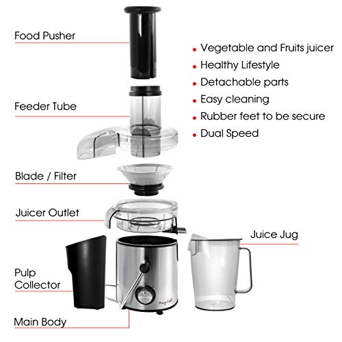 Megachef Wide Mouth Extractor Juice Machine with Dual Speed Centrifugal Stainless Steel Juicer, 3.5 Cup, Chrome Silver