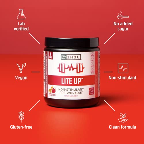 Zhou Nutrition Lite Up, Non-Stimulant Pre Workout Powder, Caffeine Free Nitric Oxide Booster, No Sugar Added, Vegan, Gluten Free, Non GMO, Berry Lemonade, 7.5 Oz