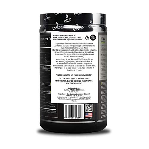Sascha Fitness BCAA 4:1:1 + Glutamine,HMB,L-Carnitine,HICA | Powerful and Instant Powder Blend with Branched Chain Amino Acids (BCAAs) for Pre, Intra and Post-Workout | Natural Lemon Lime Flavor,350g