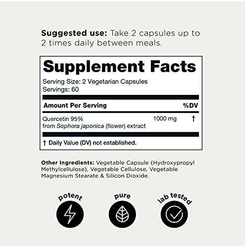 Ultra High Purity Quercetin Capsules - 95%+ Highly Purified and Highly Bioavailable - 1000mg Per Serving - 120 Capsules Quercetin Supplement