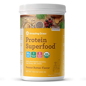 Amazing Grass Protein Superfood: Organic Vegan Protein Powder, Plant Based Meal Replacement Shake with 2 servings of Fruits and Veggies, Peanut Butter Flavor, 10 Servings, 15.5 Ounce (Pack of 1)