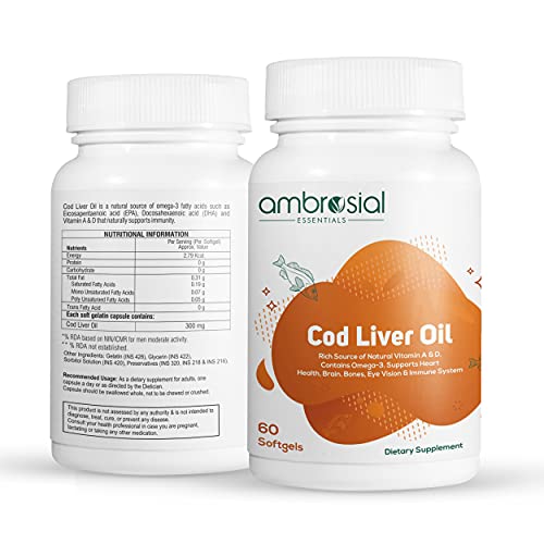 Ambrosial's Pure Cod Fish Liver Oil 300mg | Omega 3 Fatty Acid | Vitamin A, & Vitamin D - 60 Softgels