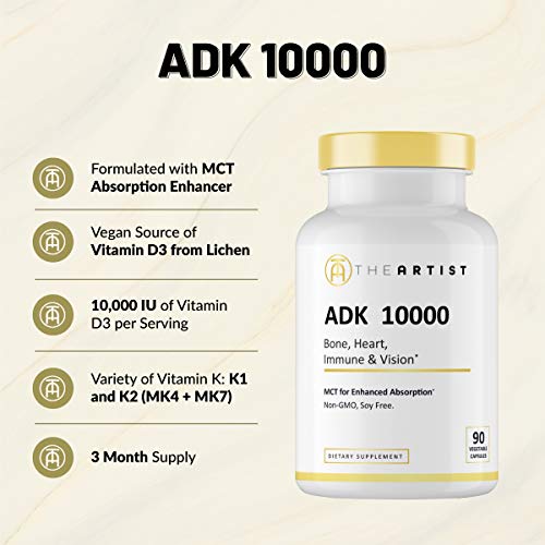 Vegan ADK Vitamin Supplement (5,000 IU I 90 Capsules) w/MCT Oil for Max Absorption - Heart, Bones and Immune Support - Vitamins A, D3 5,000 IU, K1, K2 (MK7 and MK4) - No Soy Non-GMO Gluten Free