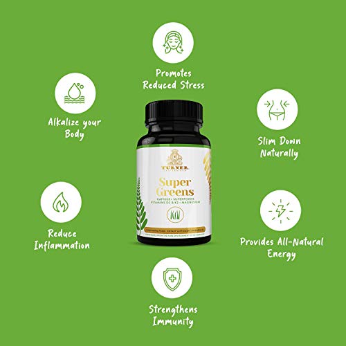TURNER Super Greens Capsules with UAF1000+, Wheat Grass Supplement, All-Natural New Zealand Green Superfood Energy, Essential Veggies, Antioxidants, Enzymes, Detox & Cleanse, 180 Capsules, 2 Bottles