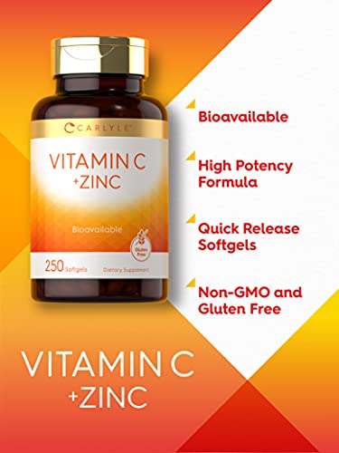 Vitamin C with Zinc | 280mg | 250 Softgels | Non-GMO and Gluten Free Formula | Value Size | Bioavailable Supplement | Ascorbic Acid and Zinc Oxide | by Carlyle