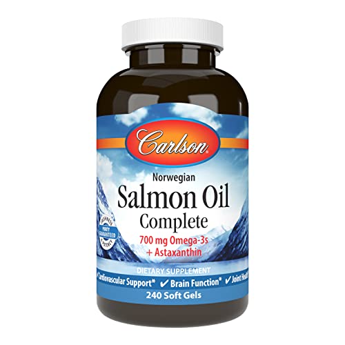 Carlson - Salmon Oil Complete, 700 mg Omega-3s + Astaxanthin, Cardiovascular Support, Brain Function & Joint Health, Norwegian, 240 Softgels