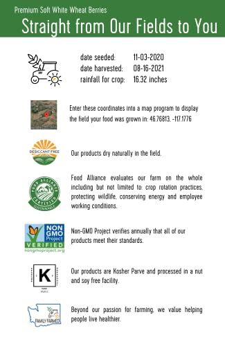 Soft White Wheat Berries • Family Farmed in Washington State • 100% Desiccant Free • 3 lbs • Non-GMO Project Verified • 100% Non-Irradiated • Kosher • Field Traced • Cotton Bag
