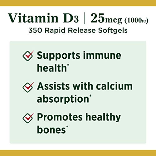 Vitamin D3 by Nature’s Bounty for immune support. Vitamin D3 provides immune support and promotes healthy bones. 1000IU, 350 Softgels