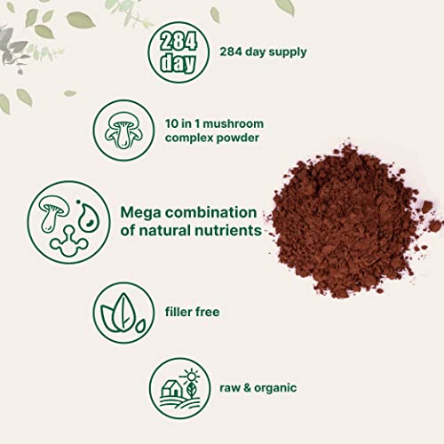 Sustainably US Grown, Organic Mega Mushroom 10 in 1 Complex Formula Powder for Immune System Booster, 10 Ounce (284 Days Supply), Chaga, Lions Mane, Cordyceps, Reishi & More, Filler Free, Vegan