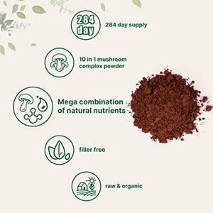 Sustainably US Grown, Organic Mega Mushroom 10 in 1 Complex Formula Powder for Immune System Booster, 10 Ounce (284 Days Supply), Chaga, Lions Mane, Cordyceps, Reishi & More, Filler Free, Vegan