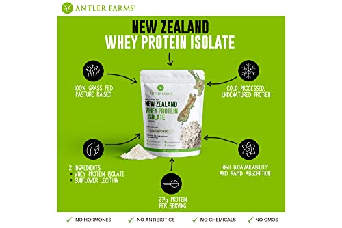 Antler Farms - 100% Grass Fed New Zealand Whey Protein Isolate, Unflavored, 30 Servings, 2 lbs - Delicious, Cold Processed, Rapidly Absorbed, Keto Friendly, NO-Hormones, NO-GMOs