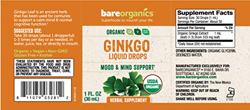 BareOrganics Ginkgo Liquid Drops, Herbal Supplement, 1 Ounce