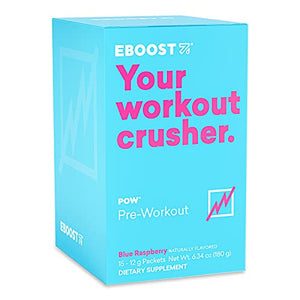 EBOOST POW Natural Pre-Workout – 15 Packets – Blue Raspberry - Pre Workout Supplement for Performance, Energy, Focus - Men Women - Non-GMO, Gluten-Free, No Creatine