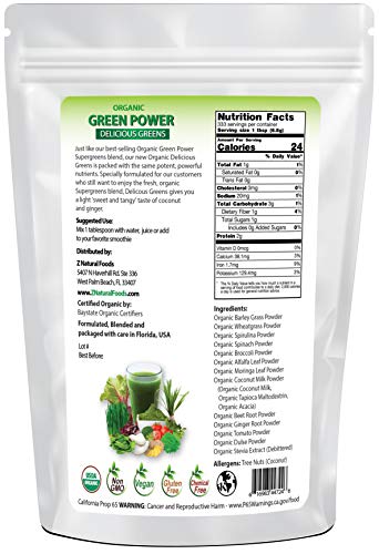 Organic Delicious Greens Superfood Powder - Barley Grass, Wheatgrass, Spirulina, Spinach, Broccoli, Coconut Milk, Ginger, Alfalfa Leaf, Beet Root, Tomato, Dulce Moringa - Raw Vegan Gluten Free - 1lb