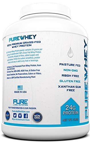 Pure Label Nutrition 100% USA Grass-Fed Whey Protein Concentrate, 5lb Vanilla, Non-GMO, rBGH Free, Soy Free, Gluten Free, Low Carbs and Low Fat, No Sugar Added, Keto Friendly